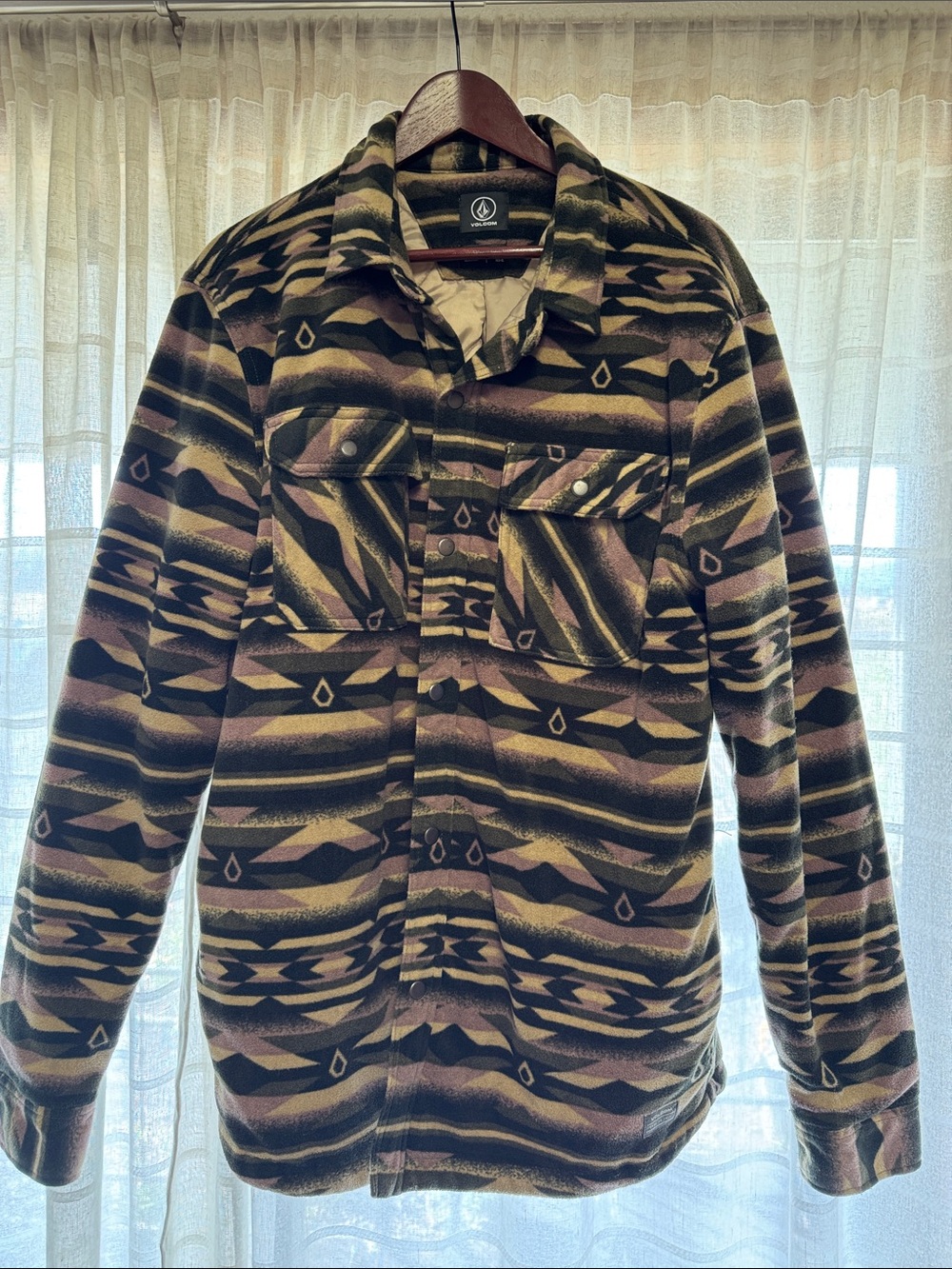 Volcom Men's Patterned Fleece Shacket in Olive, Brown, Black